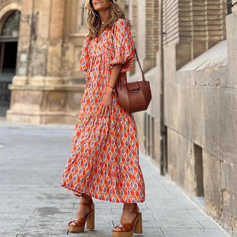 Summer Women's Vintage Bohemian Printed V-Neck Loose Long Dress Polyester
