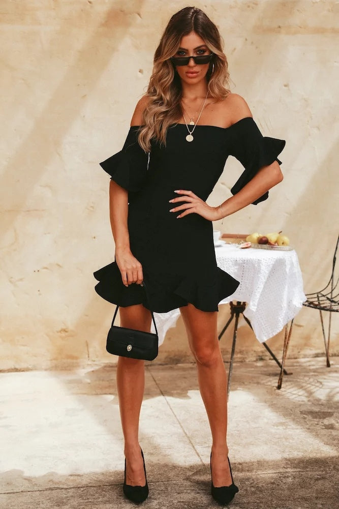 Off-Shoulder Ruffled Short Dress with Lotus Sleeves in White & Black