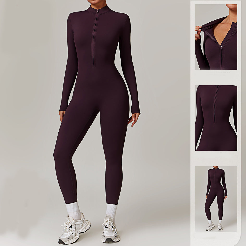 Combinaison de sport moulante à manches longues zippée et chaude pour femme