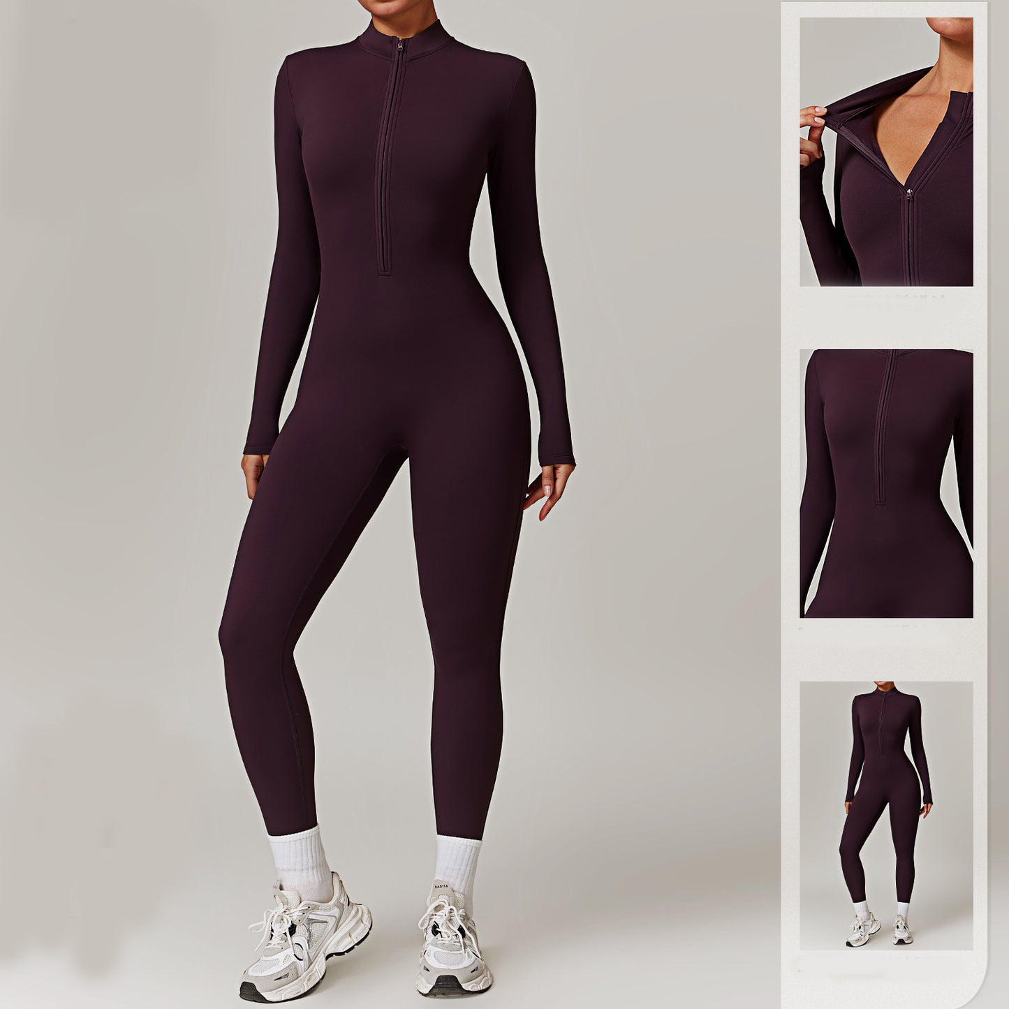 Warm Zipper Long-Sleeve Jumpsuit Yoga Fitness Sports Bodysuit for Women