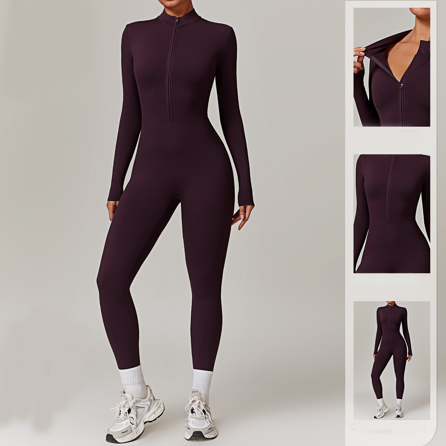 Warm Zipper Long-Sleeve Jumpsuit Yoga Fitness Sports Bodysuit for Women