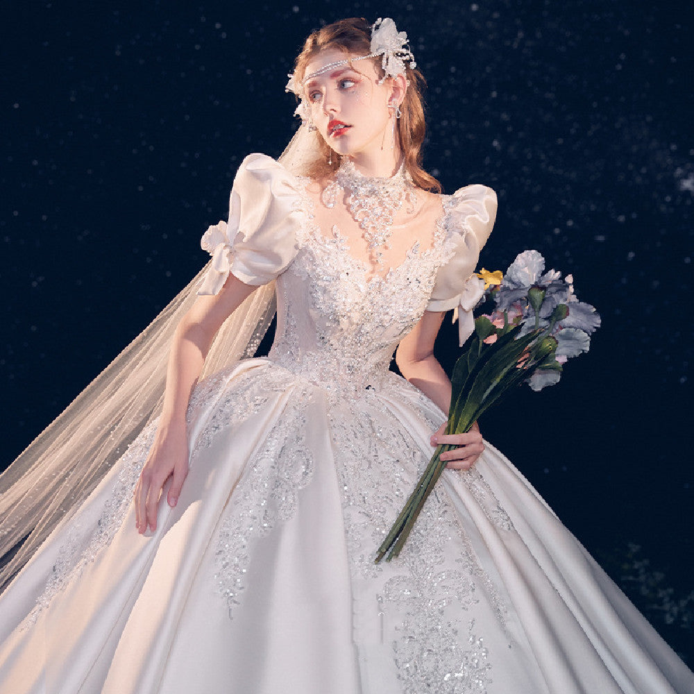 Vintage Polyester Frock With Puffy Sleeves and High Waist Long Skirt