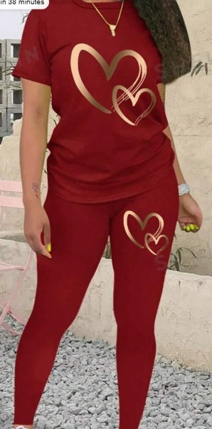 Ensemble T-shirt à Manches Courtes et Legging Imprimé Cœurs Slayr pour Femme, Spécial Nouvel An