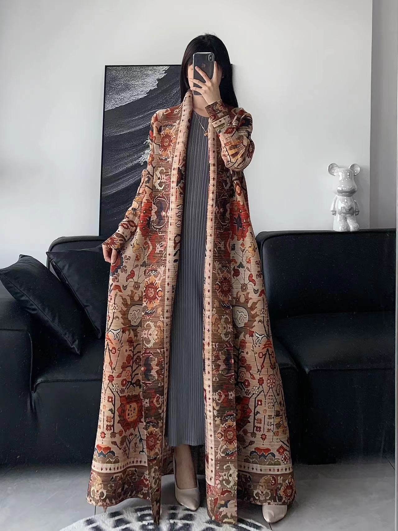 Pleated Print Fashionable All-match Lace-up Loose Arabian Abaya Robe