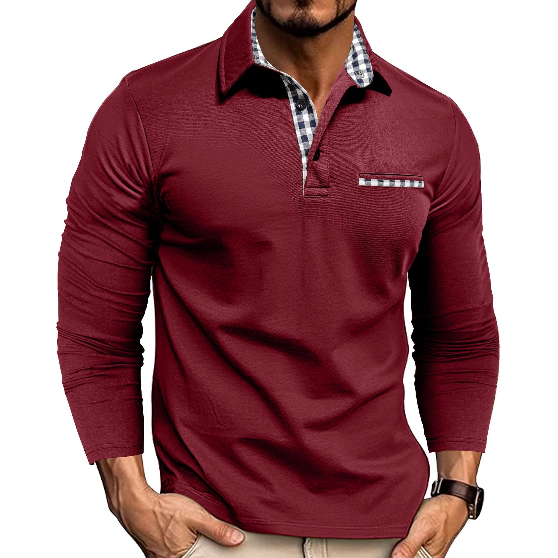 Men's Casual Plaid Splicing Lapel Polo Shirt Long Sleeve Top