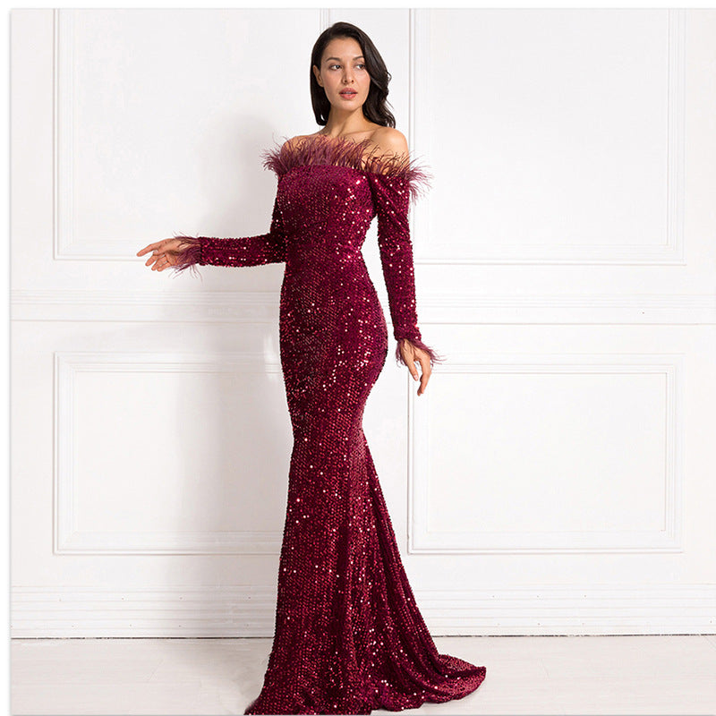 Off-the-Shoulder Fishtail Party Dress in White, Green, Black & Wine Red, Sizes S-XL