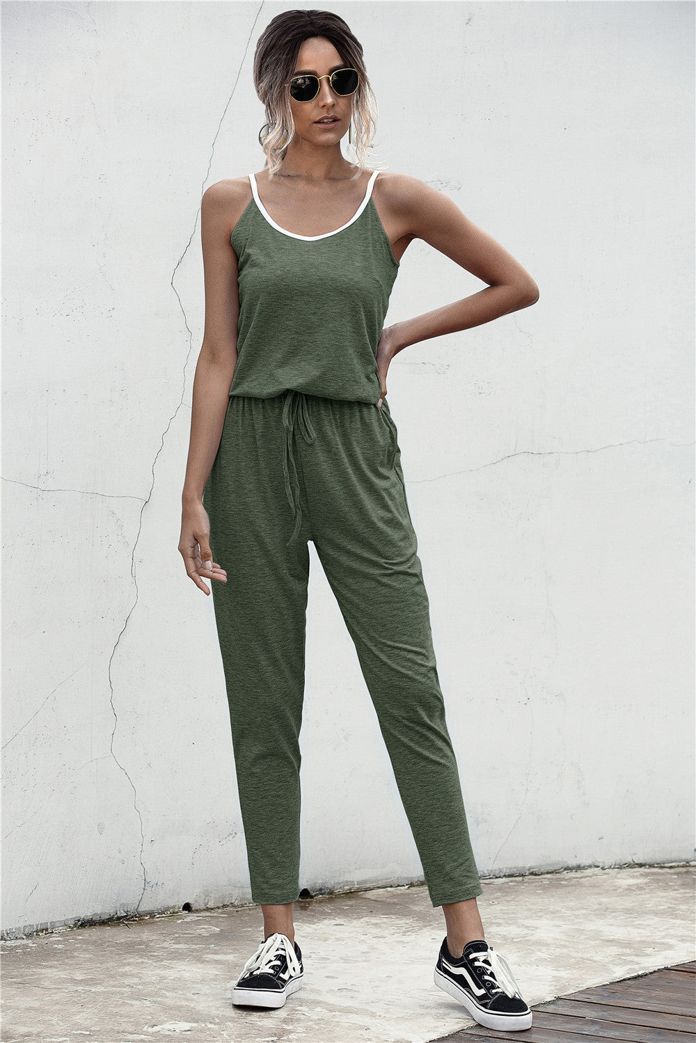 Summer Color Block Suspender Jumpsuit in Gray, Black & Army Green