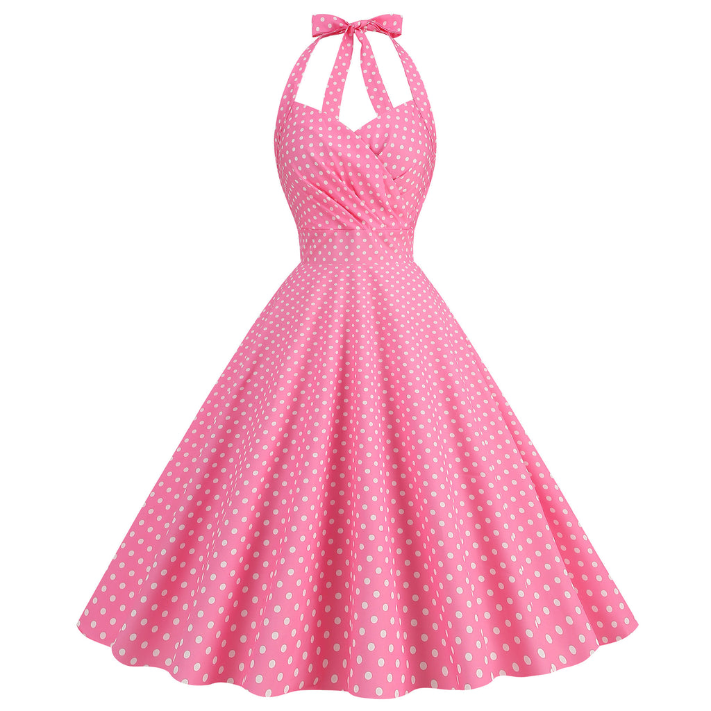Robe Swing Imprimée Rétro Sexy Moulante à Col Halter et Poitrine Enveloppante