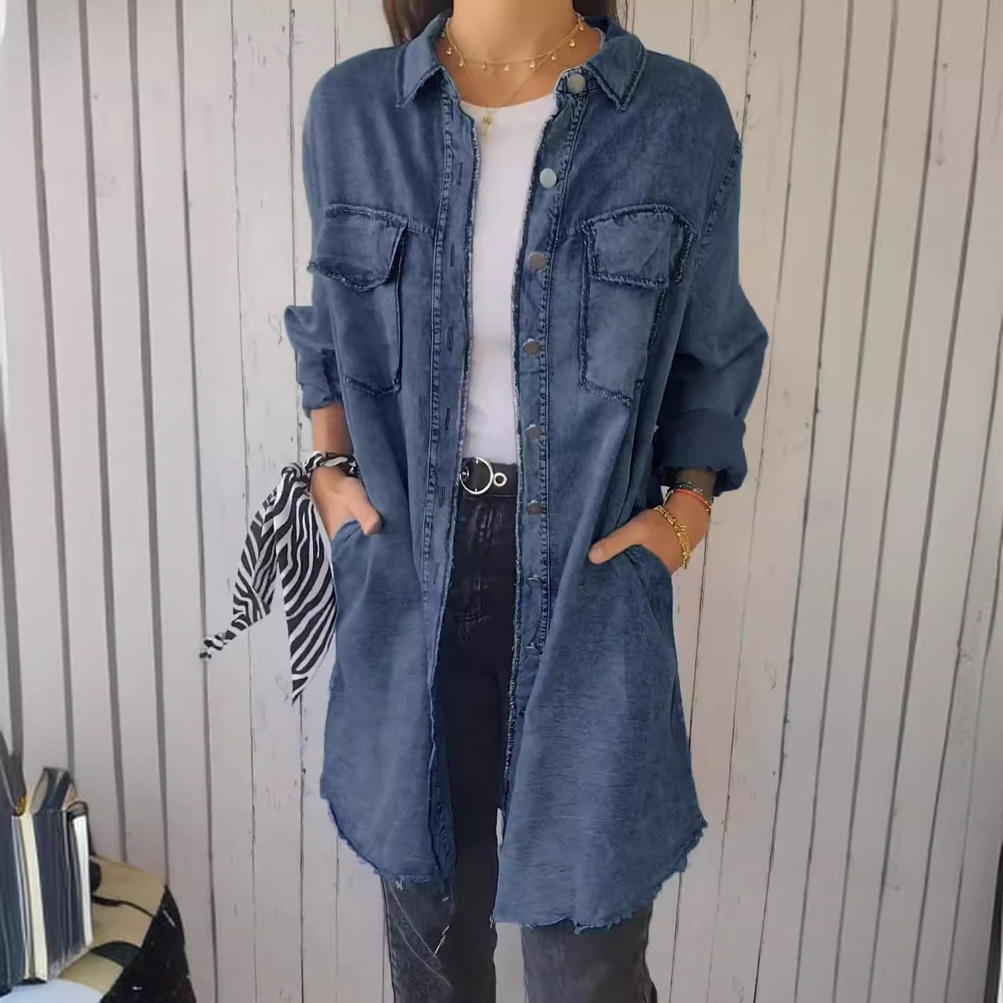 Cotton Linen Color Block Casual Long Shirt Coat