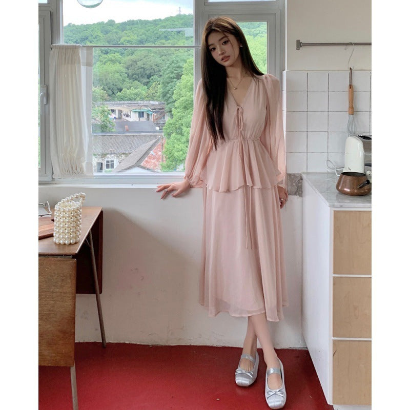 Women's Pink V-Neck Lace-Up Chiffon Lantern Sleeve Dress