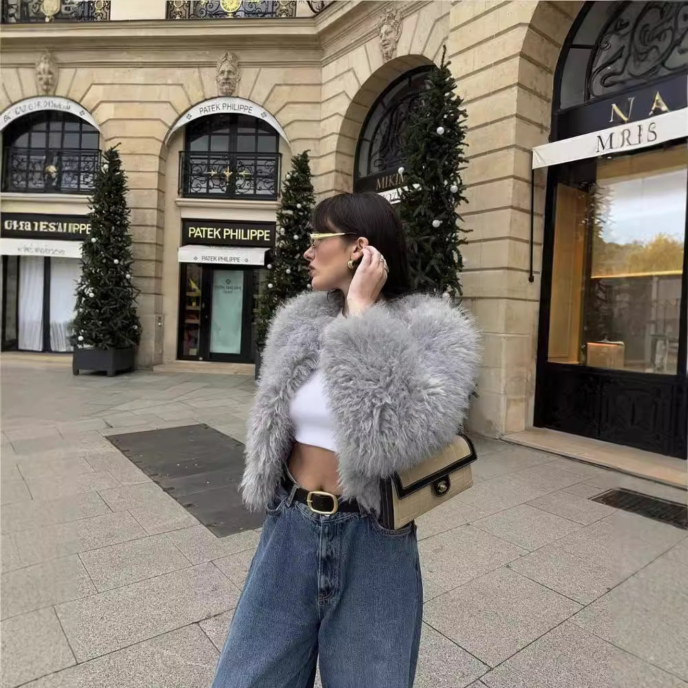 Light Gray Round Neck Artificial Fur Short Coat