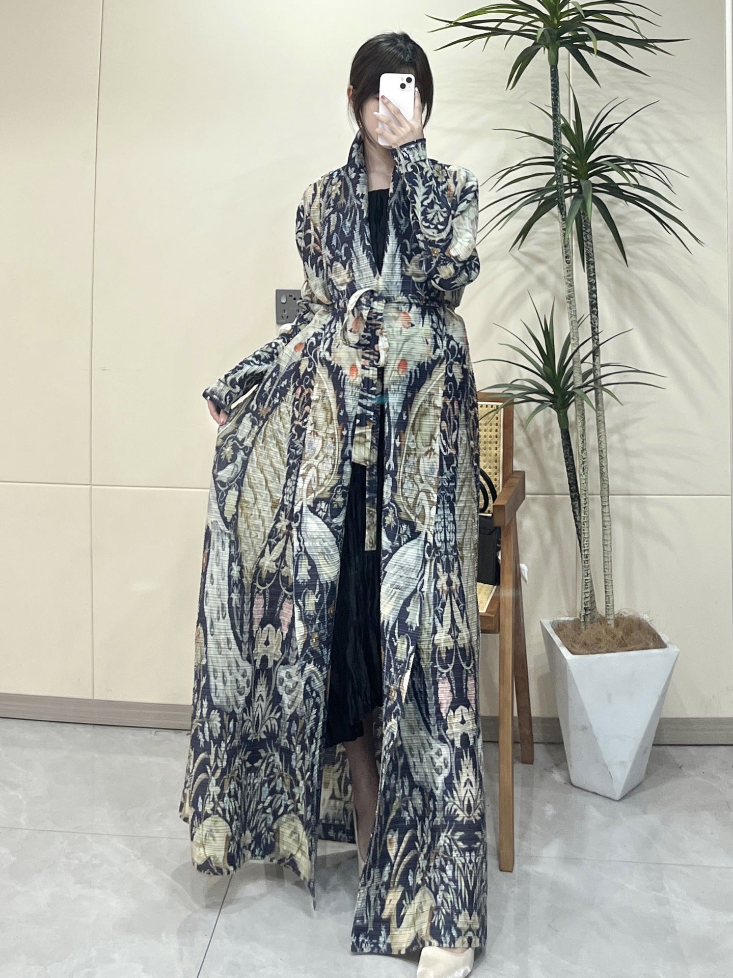 Pleated Print Fashionable All-match Lace-up Loose Arabian Abaya Robe