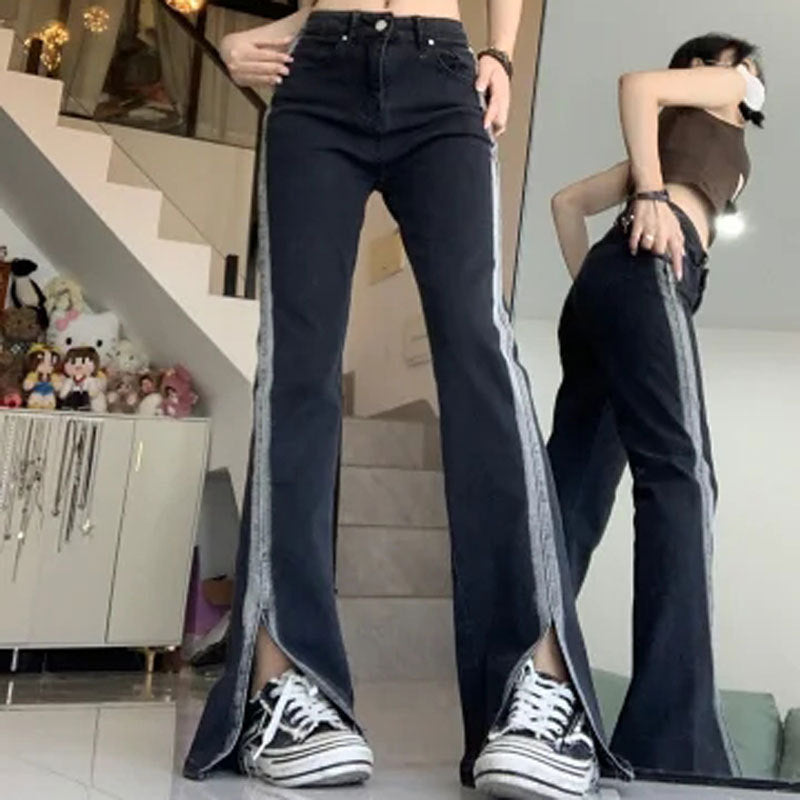 Women's High Waist Black Slit Stretch Jeans