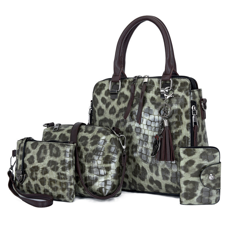 Tassel Portable Snakeskin Pattern Mother Bag Set with Handbag, Crossbody, and Wallet