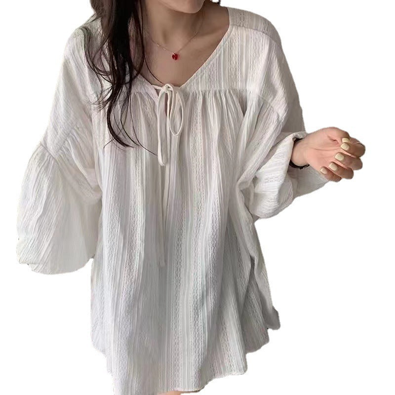Summer French Style White Lantern Sleeve Mid-Length Doll Shirt for Women