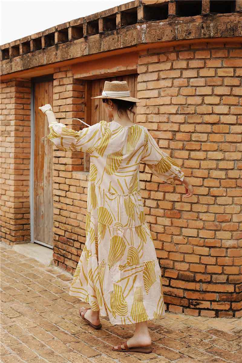 Retro loose print puff sleeve long dress