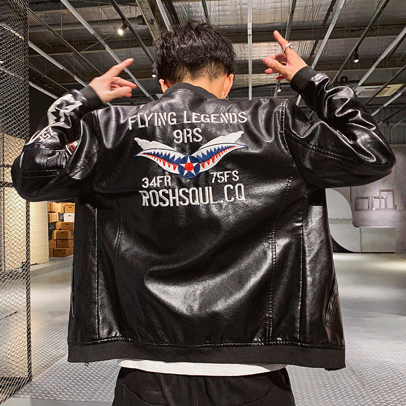 Men's Embroidered PU Leather Motorcycle Jacket with Standing Collar