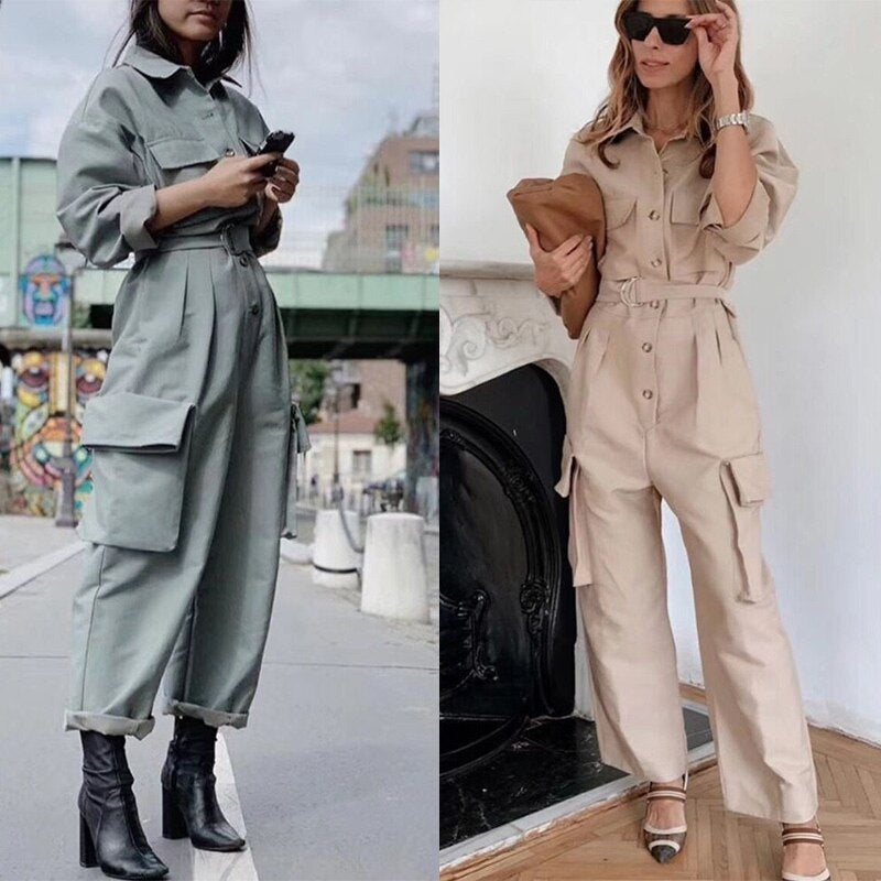 Shirt style long sleeve waist and wide leg overalls for women