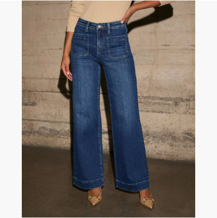 Pantalon droit femme taille haute bleu foncé style rétro