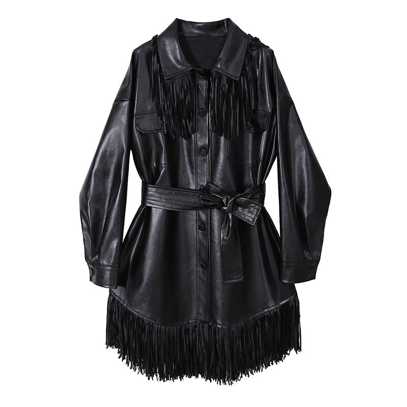 Nouvelle Jupe Longue en Similicuir avec Dentelle à la Taille et Ceinture