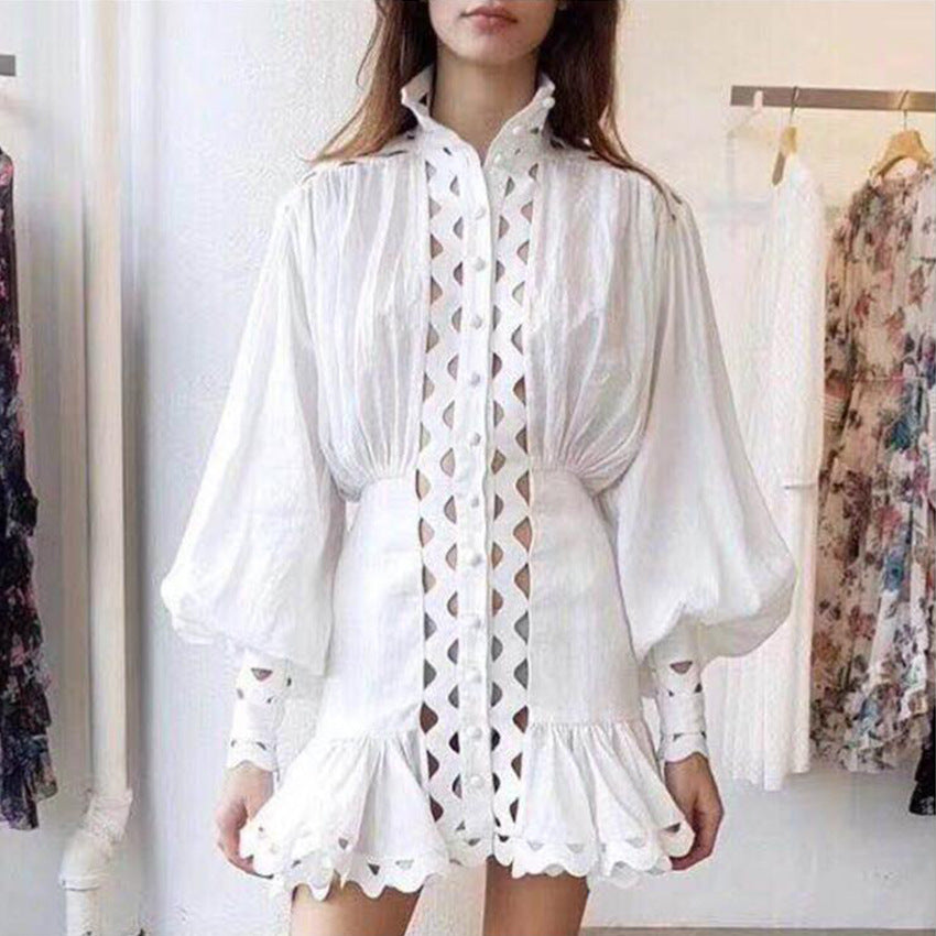 Stand collar cutout ruffled dress