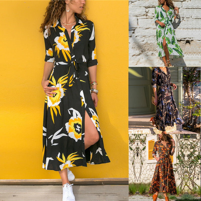 Robe Madrid vintage en mousseline col en V ligne A imprimée taille haute S-XXXL