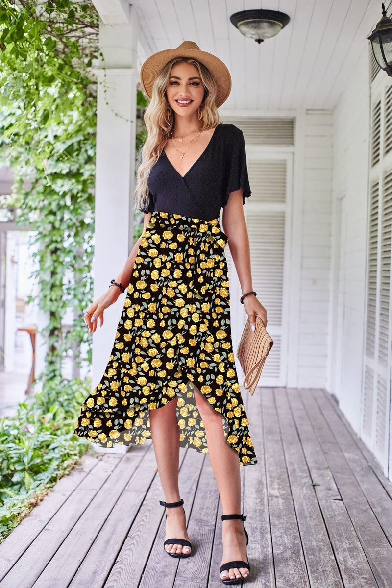 Women's Fashion Casual V-neck Stitching Hem Irregular Short Sleeve Printed Dress