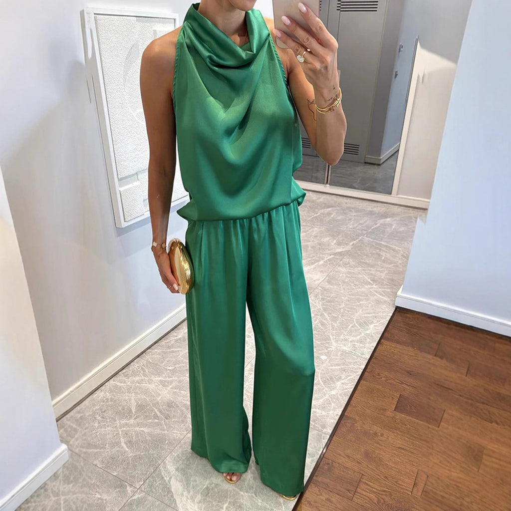 Ensemble deux pièces sans manches en satin avec pantalon ample pour femme