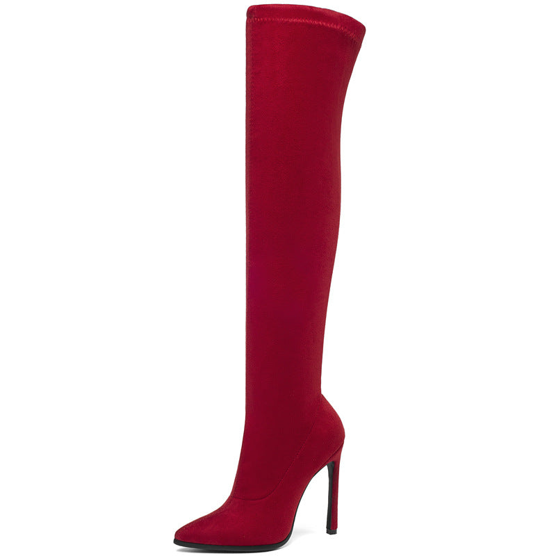 Bottes cuissardes en velours élastique à talons aiguilles