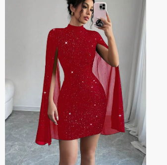 Robe Courte de Soirée Élégante pour Femme Col Rond Perle Mousseline Manche Cape Hanche Enveloppée