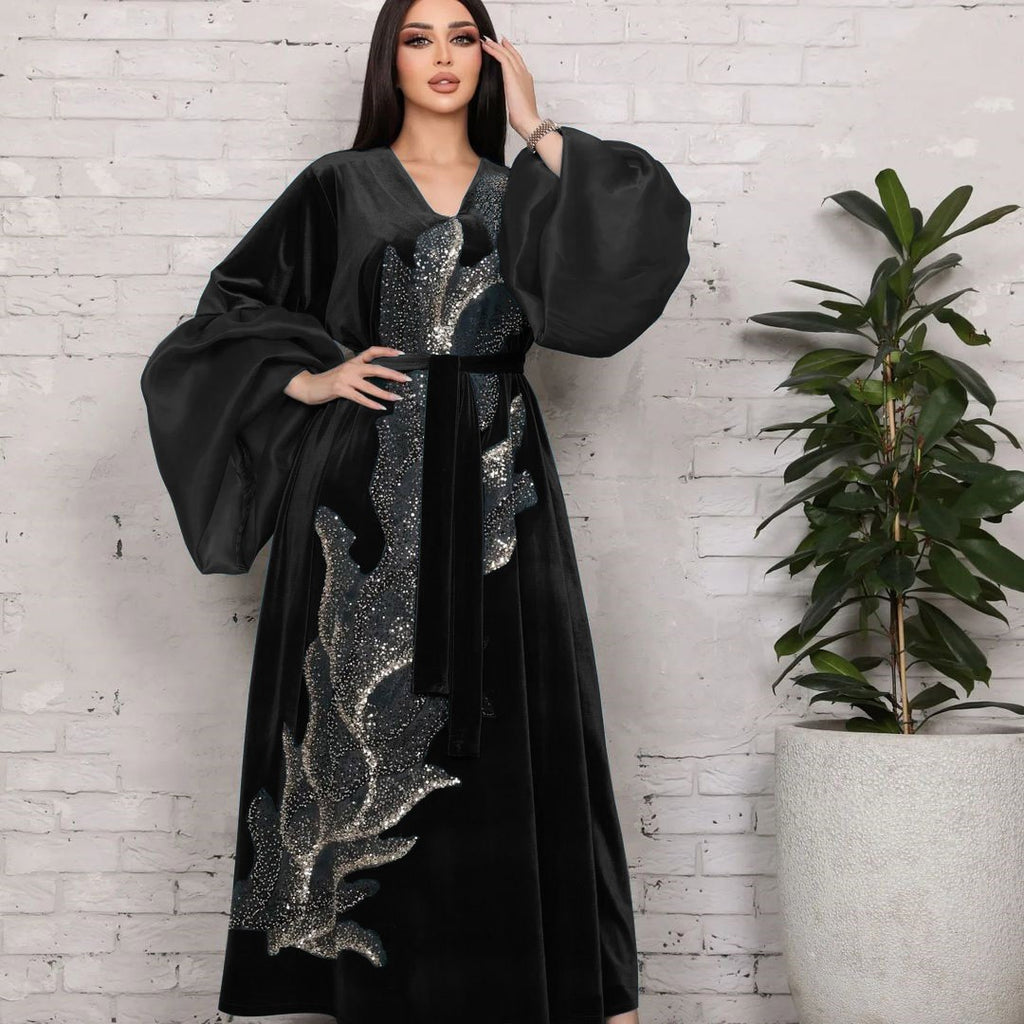 Robe longue en velours doré, tenue du Moyen-Orient