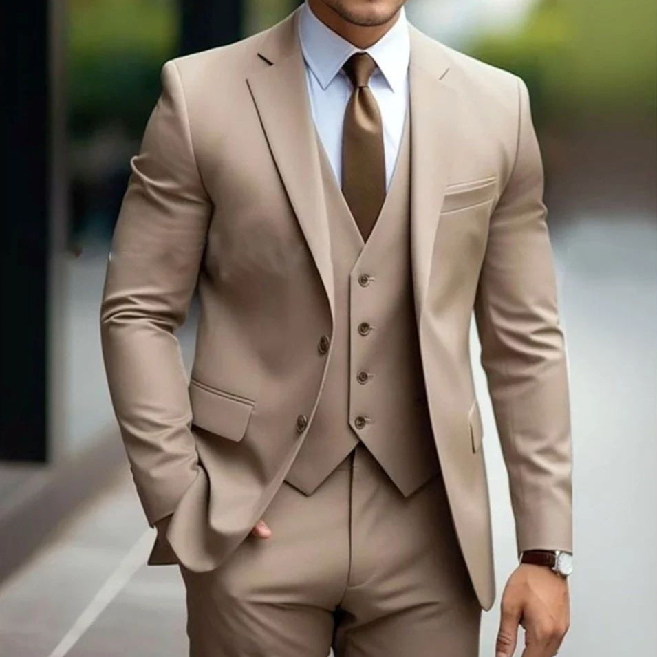 Men's Business Casual Slim Fit Three-Piece Suit Cotton Blend