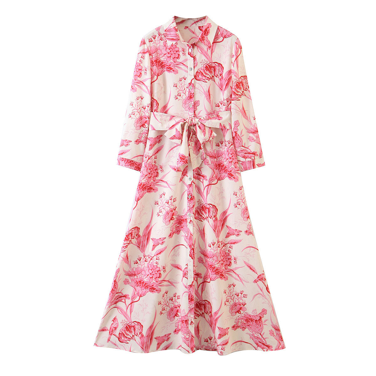 Printed Lace-Up Shirt Dress Polyester Cotton Blend