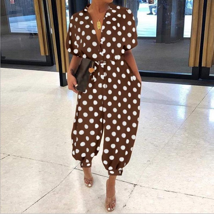 Short Sleeve Buttoned High-Waist Jumpsuit with Belt