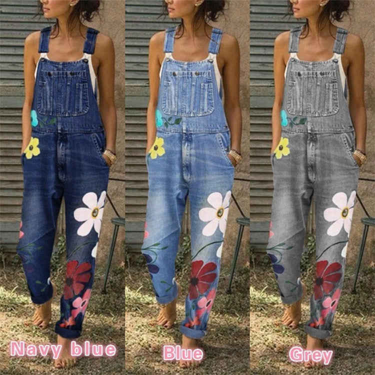 Printed Washed Denim Overalls in Polyester Fiber