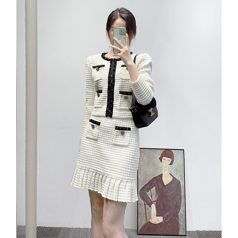 Winter Women's Two-Piece Knitted Cotton Top & Plaid Skirt Set