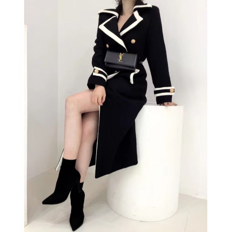 Slim Black Woolen Overcoat Medium Long Double Breasted