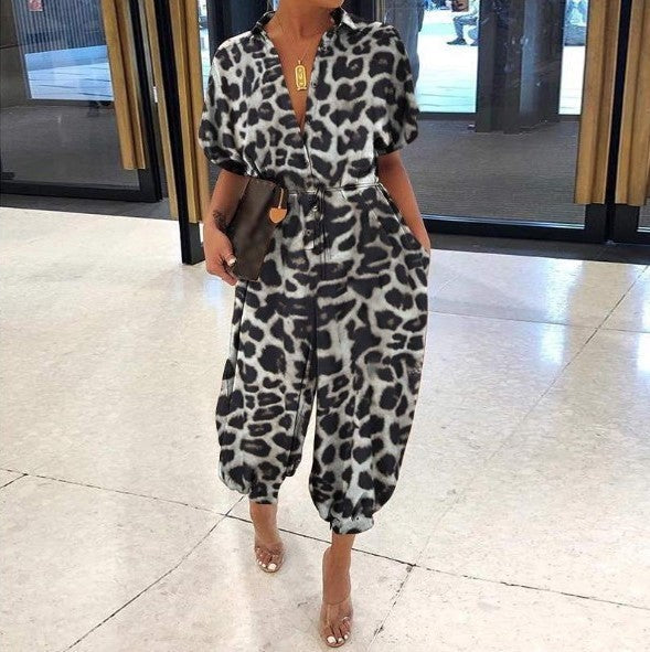 Short Sleeve Buttoned High-Waist Jumpsuit with Belt