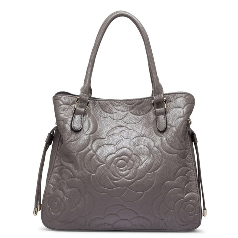 ZENCY Rose Pattern Leather Handbag – Cowhide, Multiple Colors, 30x28x11cm