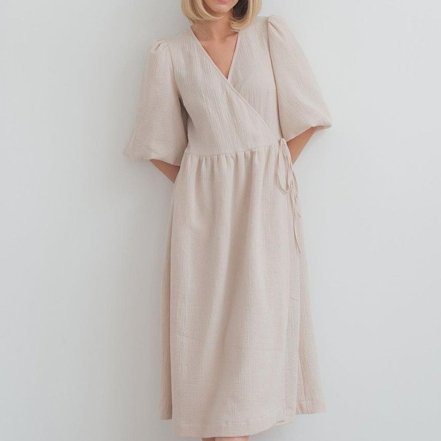 Sweet Atmosphere Solid Color Cotton Dress with Puff Sleeves