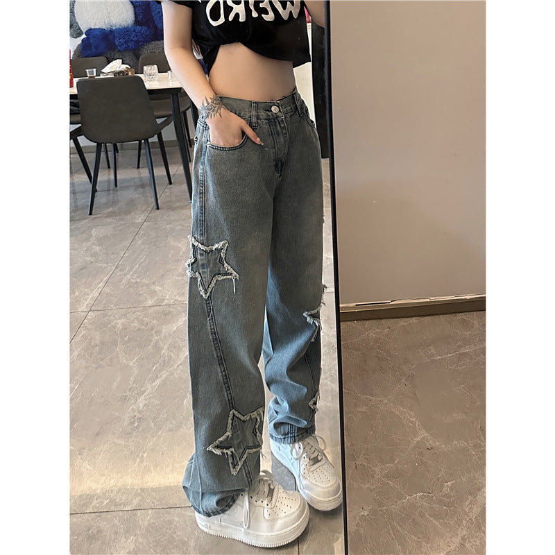 Blue Embroidered High-Waist Loose Straight-Leg Jeans for Women