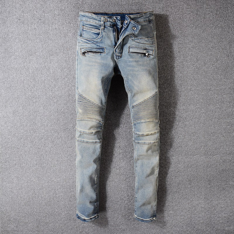 Jean de motard Coupe droite Taille mi-haute Effets d'abrasion et de vieillissement