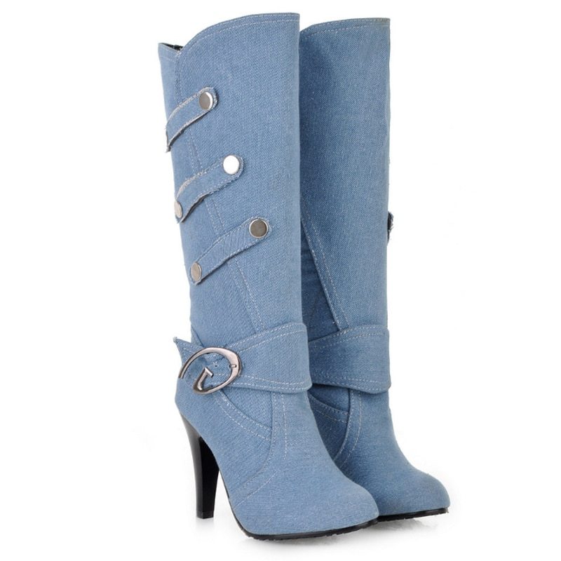 Bottes vintage à talons hauts aiguilles en tissu pour femmes - Noir et bleu, Pointures 34-48