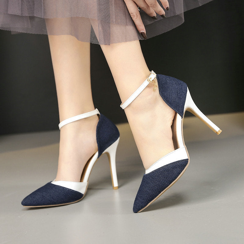 Denim Pointed Stiletto High Heels with Buckle