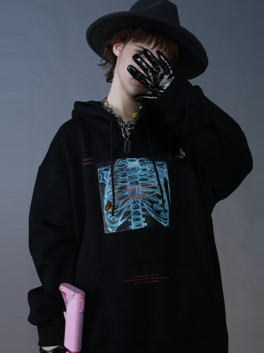 Men's Apricot & Black Skeleton Hoodie with Hooded Collar, Sizes M-2XL