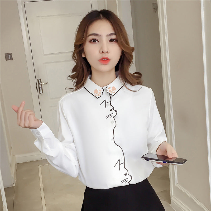 Cat embroidery white shirt blouse loose and cute