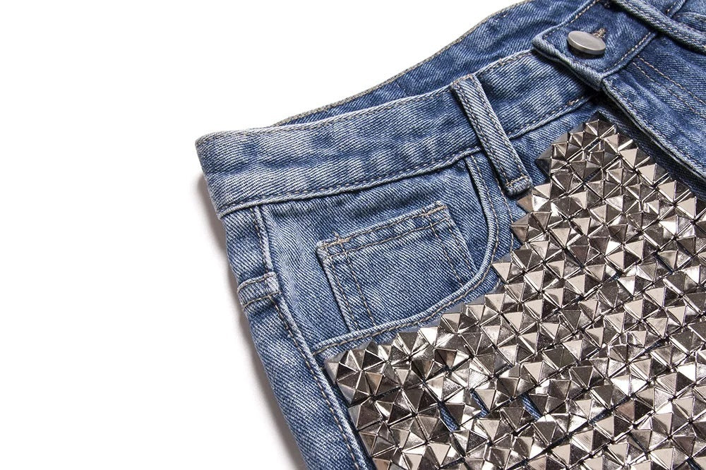 Studded denim shorts with loose high waist