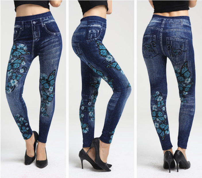 Women's Cotton Butterfly Print Imitation Denim Leggings