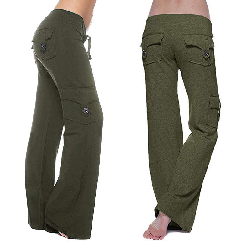 Women's High Waist Flared Cotton Pants with Multiple Pockets
