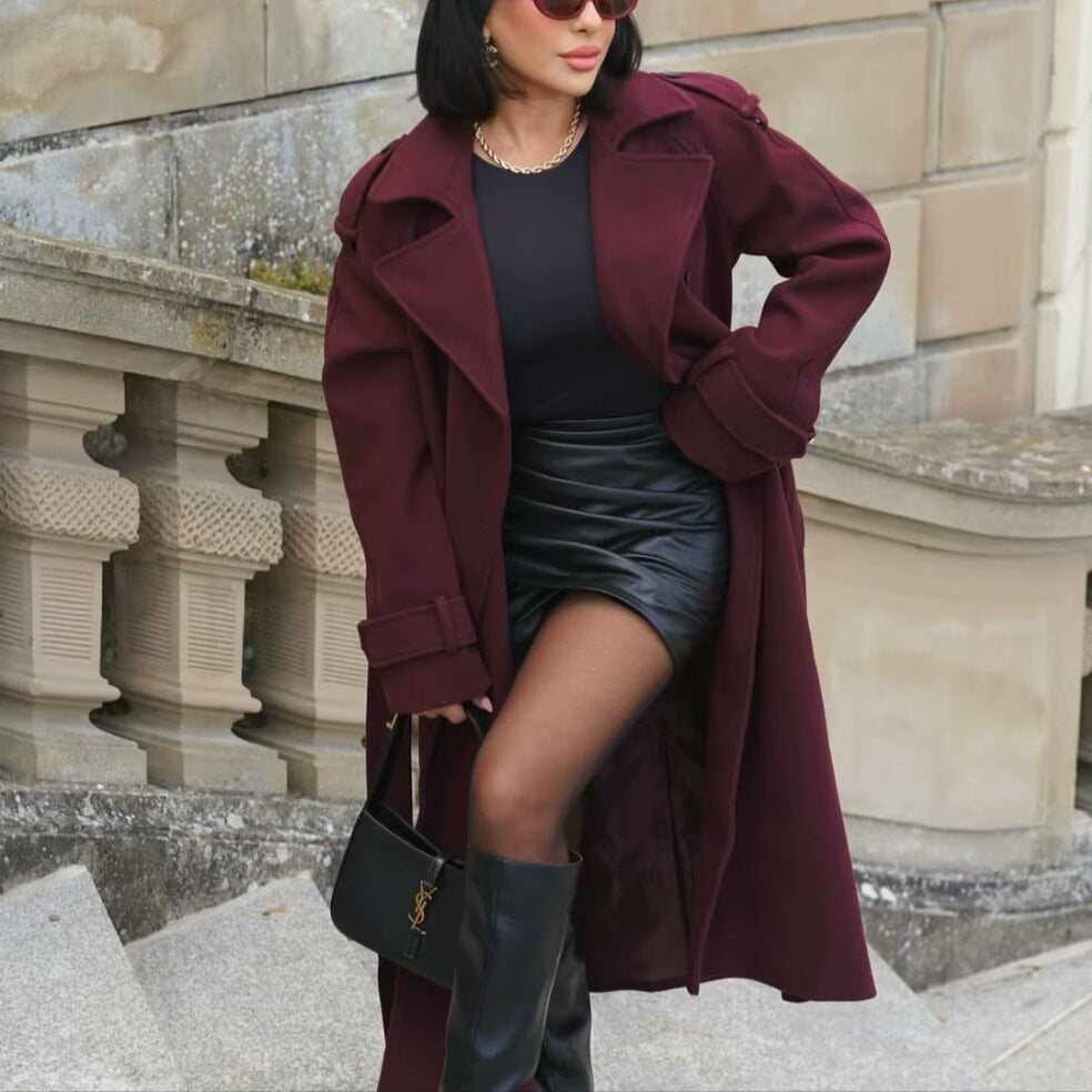 Woolen Lapel Belted Double-Breasted Trench Coat for Women Winter Jacket